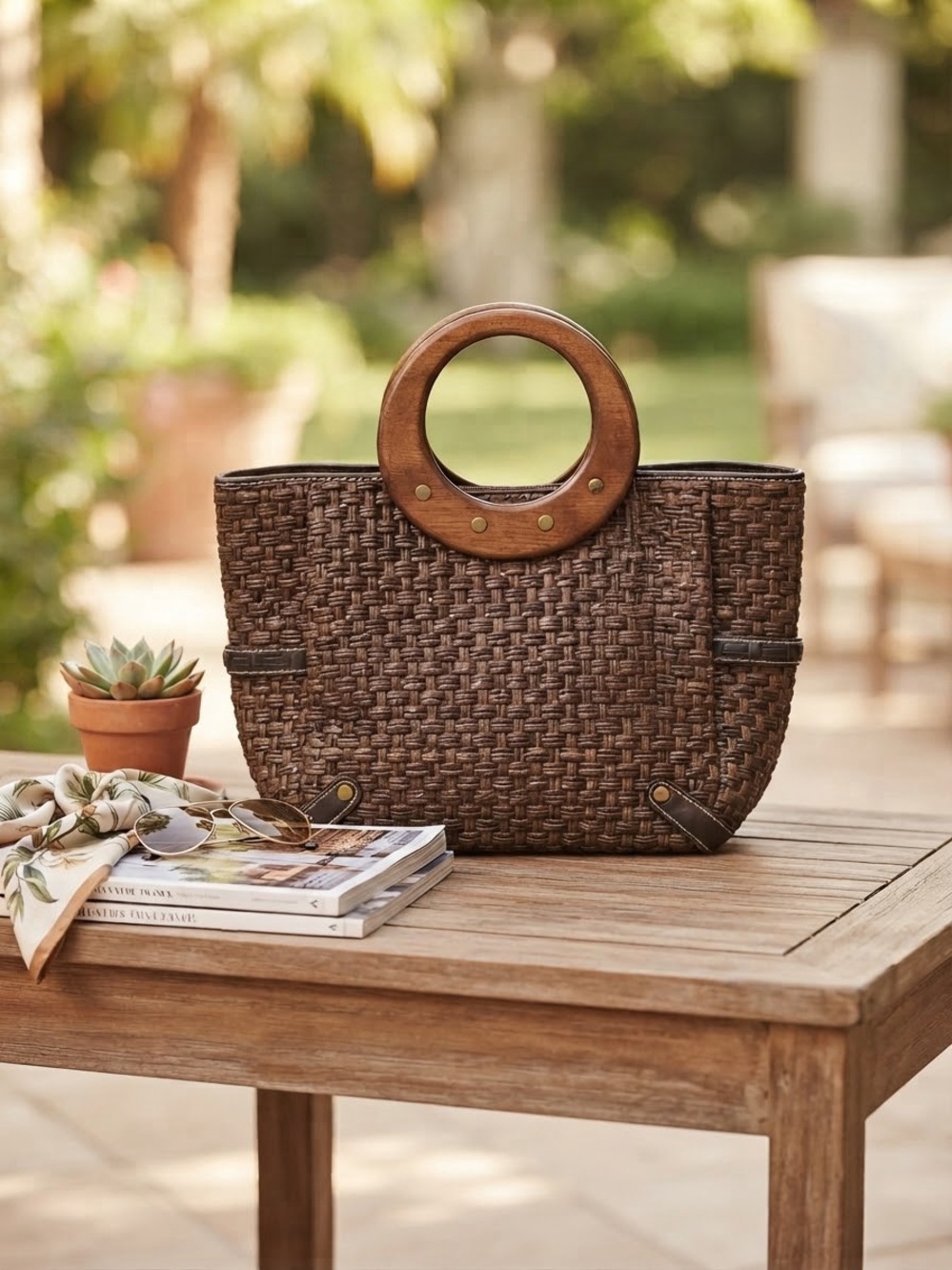 Vintage Fossil Woven Straw & Leather Handbag with Wooden Ring Handles